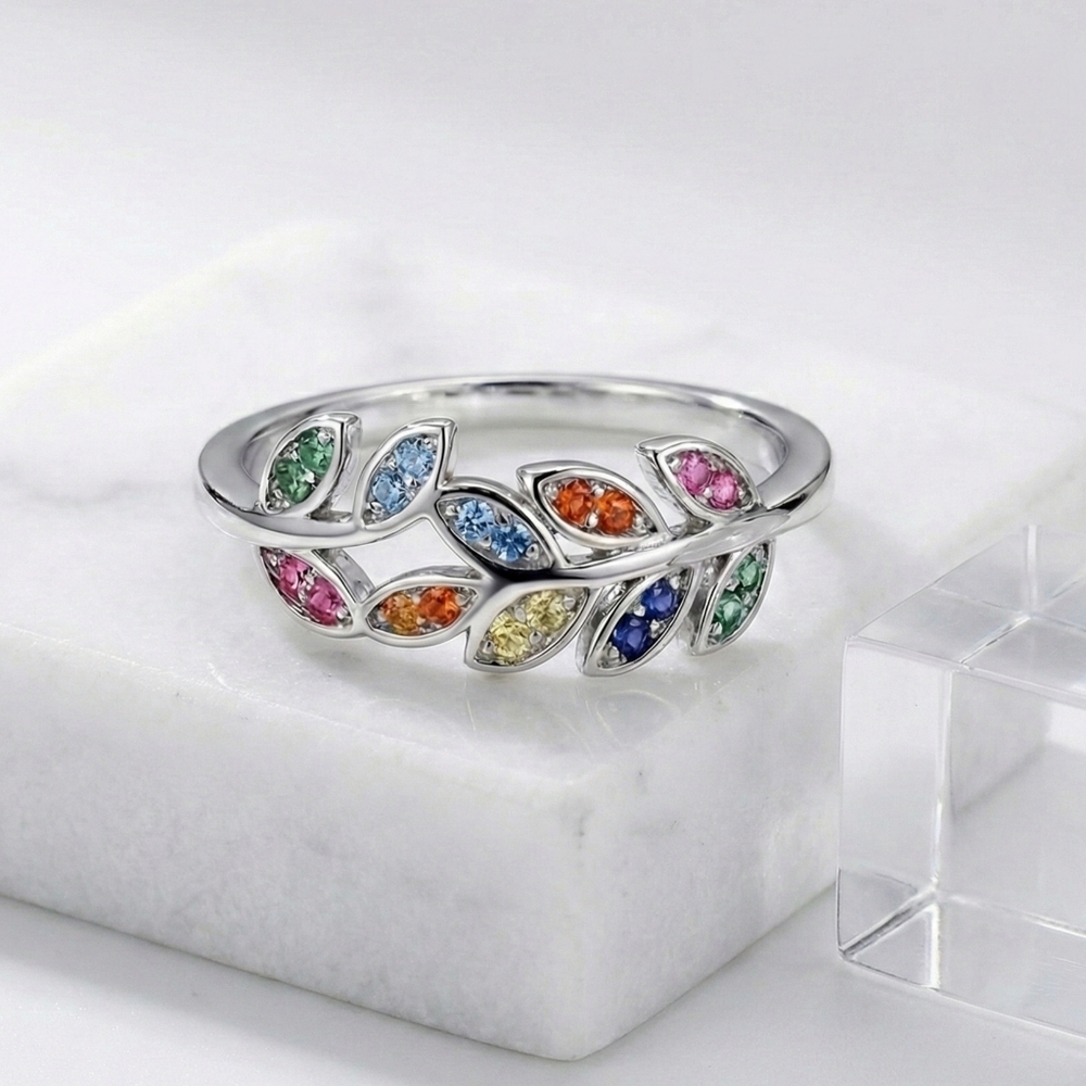 Rainbow Zirconia Leaf Ring Sterling Silver Size 7 Vine Band Nature Cottagecore